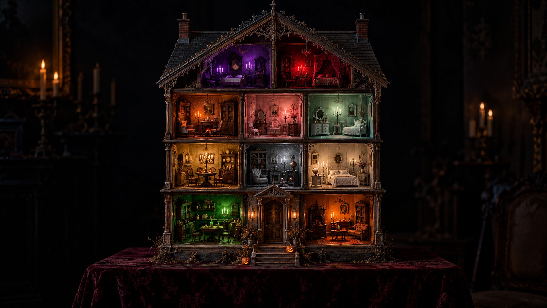 A Victorian dollhouse cut open on a velvet table, ten lit rooms